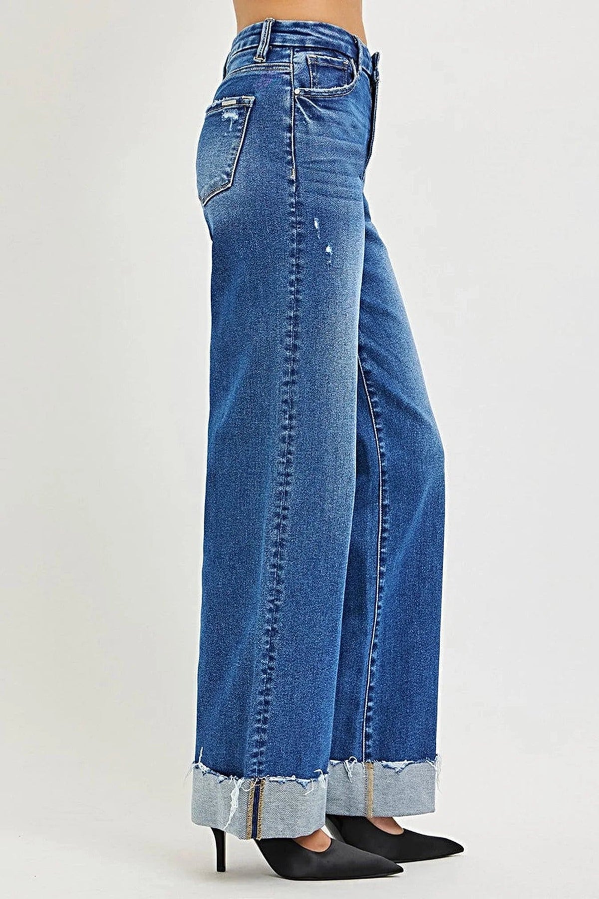 RISEN High Rise Wide Leg Jeans With Cuffed Hem -