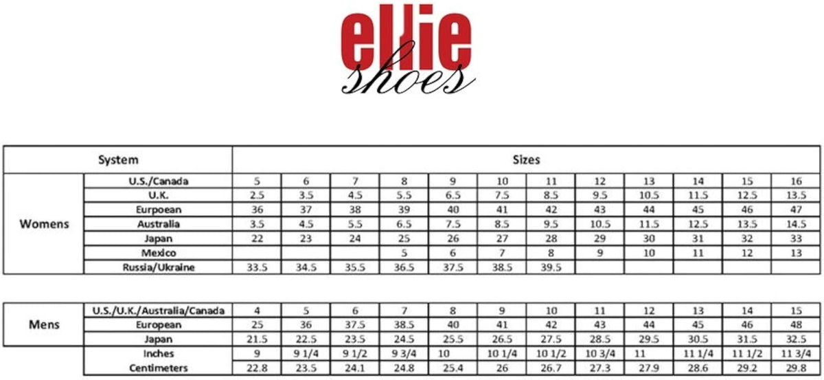 Ellie Shoes size chart for 5 Inch Heel Pumps, providing the perfect fit for style and comfort.