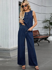 Round Neck Tank and Pants Denim Set -