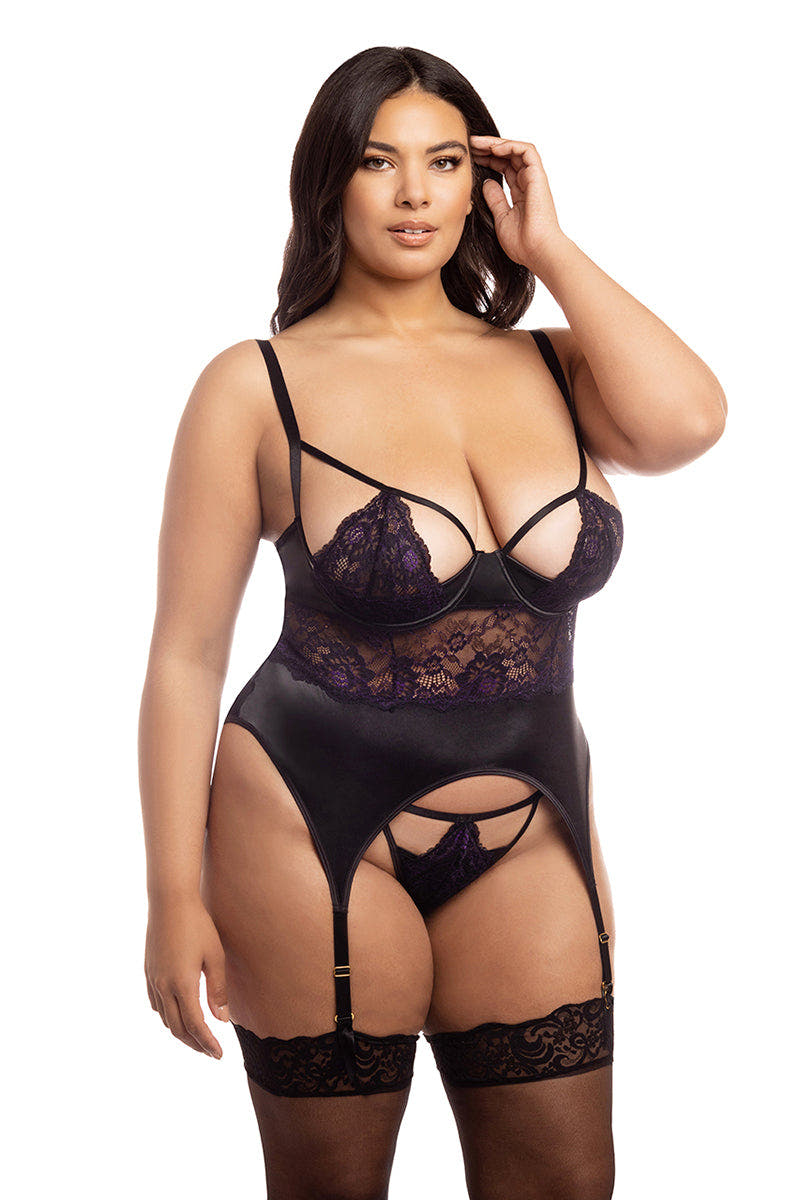 Oh La La Cheri EL-Demi Padded Shelf Cup Merrywidow w/Overlay Lace & Panty - Corset