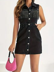Fringe Detail Button-Front Mini Dress -