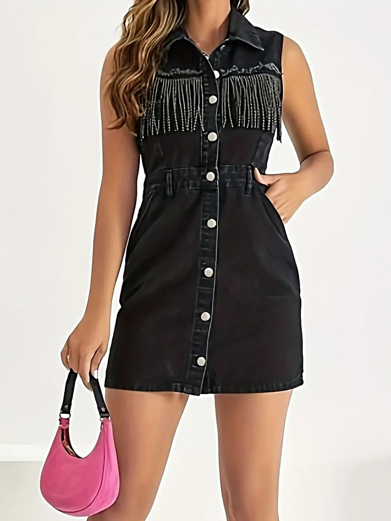 Fringe Detail Button-Front Mini Dress -