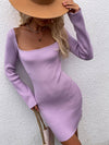 Tie Back Square Neck Long Sleeve Sweater Dress