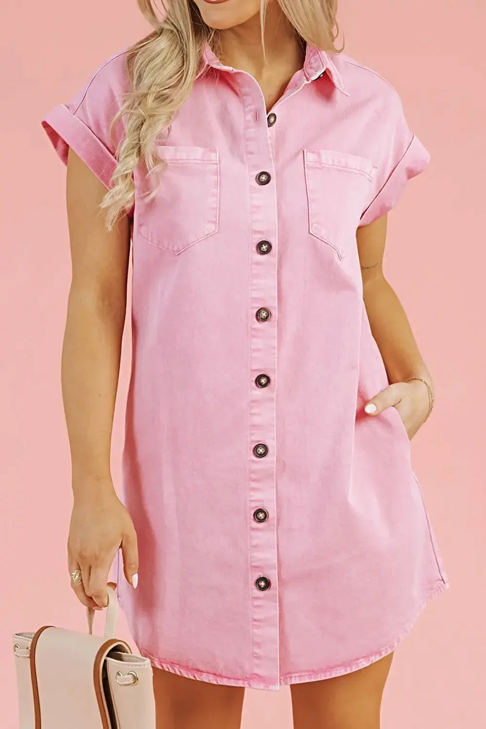 Button Down Short Sleeve Denim Dress -