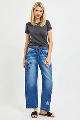 RISEN Elastic Band Slouchy Cropped Barrel with Star Patch -