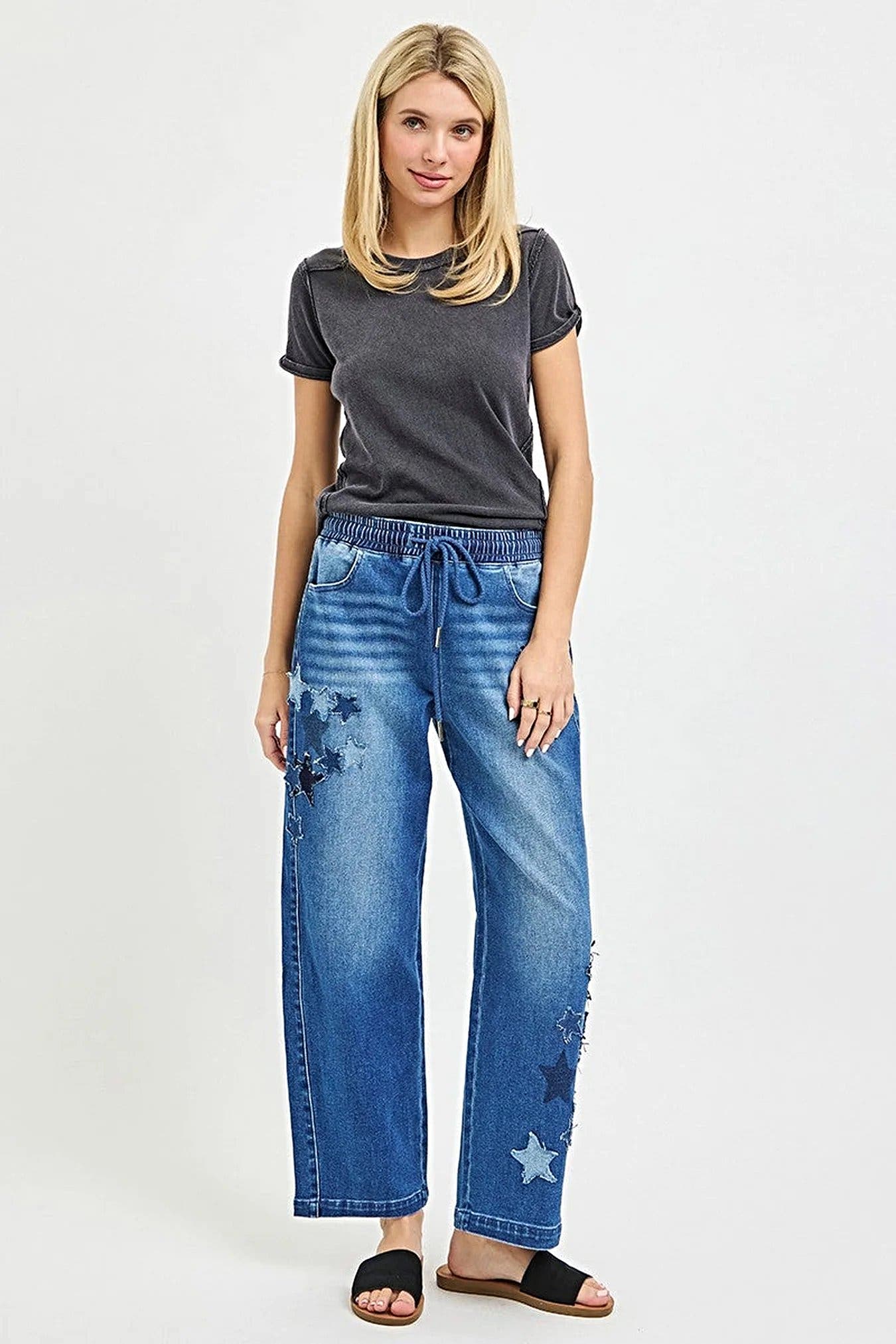 RISEN Elastic Band Slouchy Cropped Barrel with Star Patch -