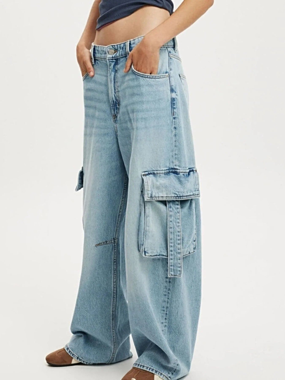 Vintage Wash Wide Leg Cargo Jeans -