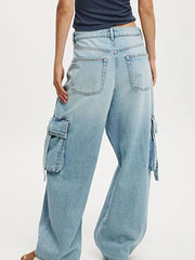 Vintage Wash Wide Leg Cargo Jeans -