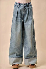 SO ME Mid Rise Plated Wid Leg Denim Jean -