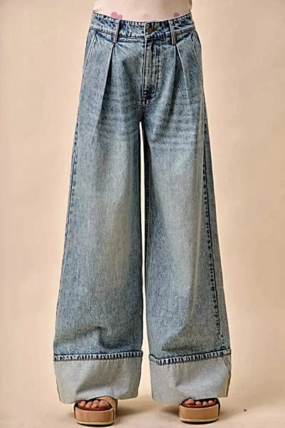 SO ME Mid Rise Plated Wid Leg Denim Jean -