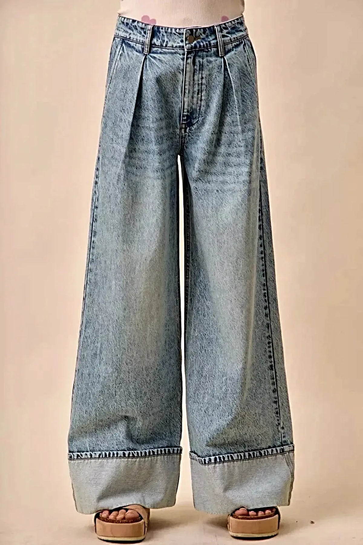 SO ME Mid Rise Plated Wid Leg Denim Jean -