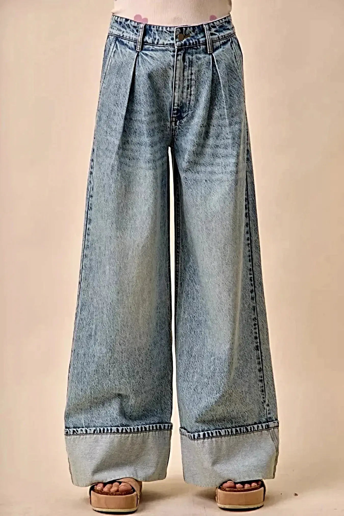 SO ME Mid Rise Plated Wid Leg Denim Jean -
