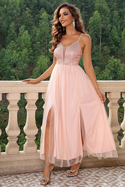 Elegant Evening Dress - Spaghetti Strap Design, Sheer Mesh Slit, Slightly Stretchy, Perfect for All Occasions Trendsi