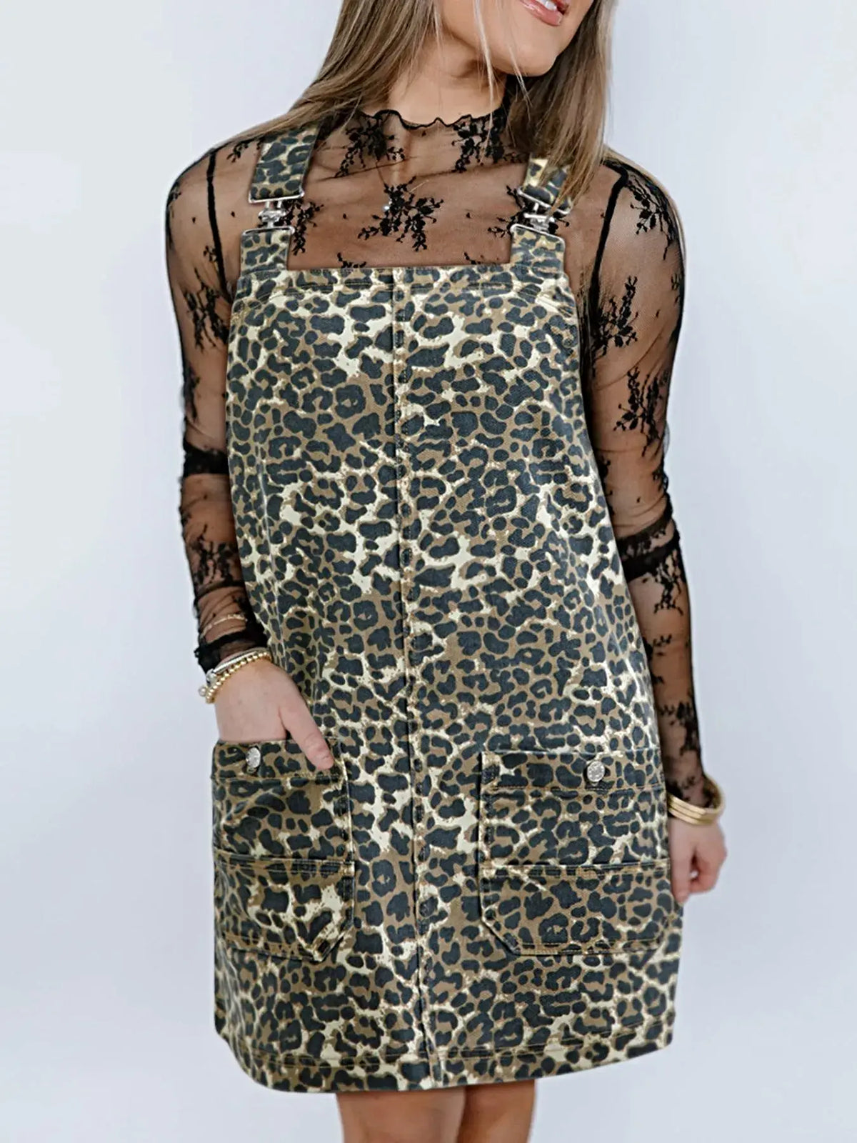 Leopard Print Denim Overall Dress -