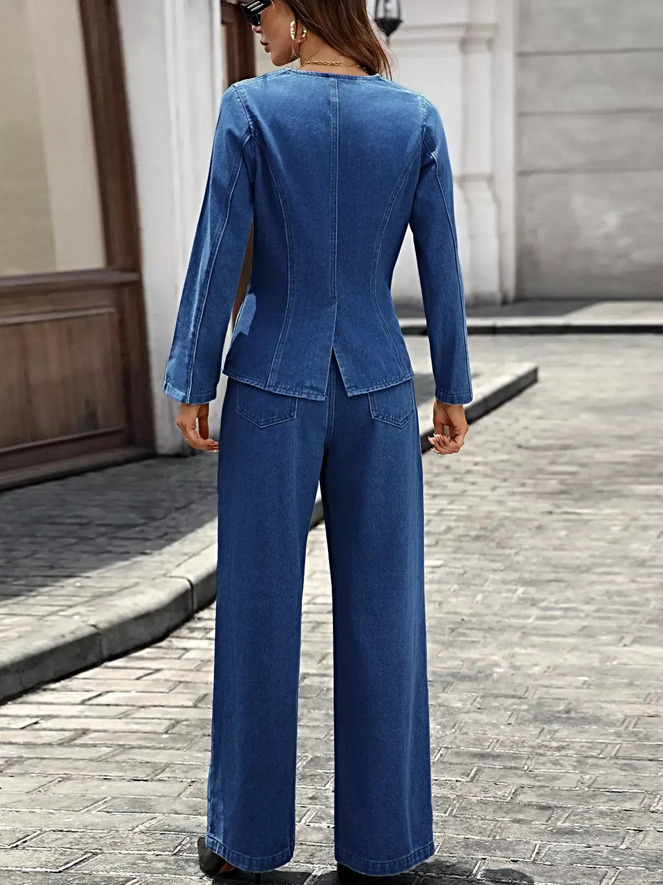 Button Up Long Sleeve Top and Jeans Denim Set -