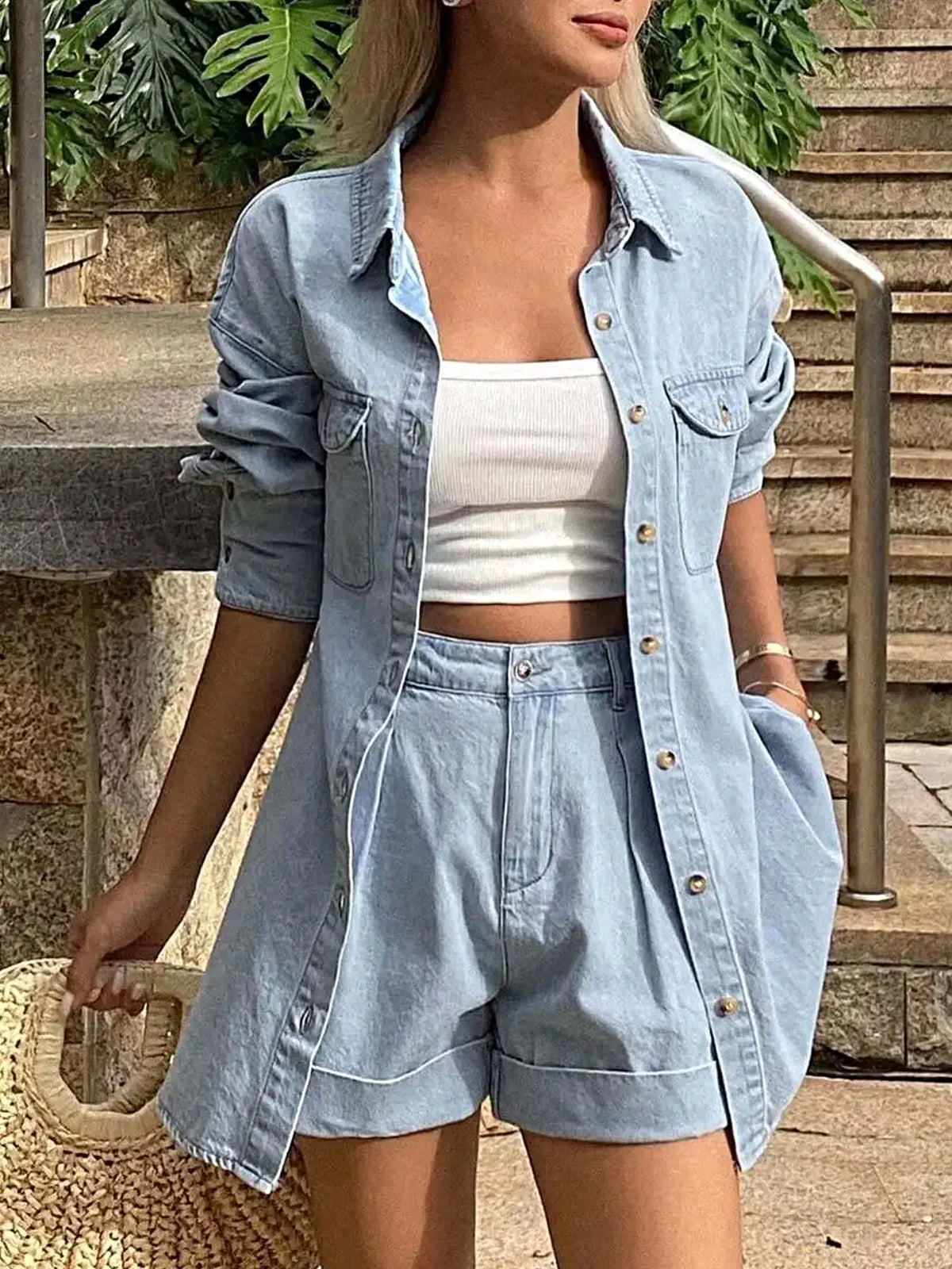 Button Up Long Sleeve Shirt and Shorts Denim Set -