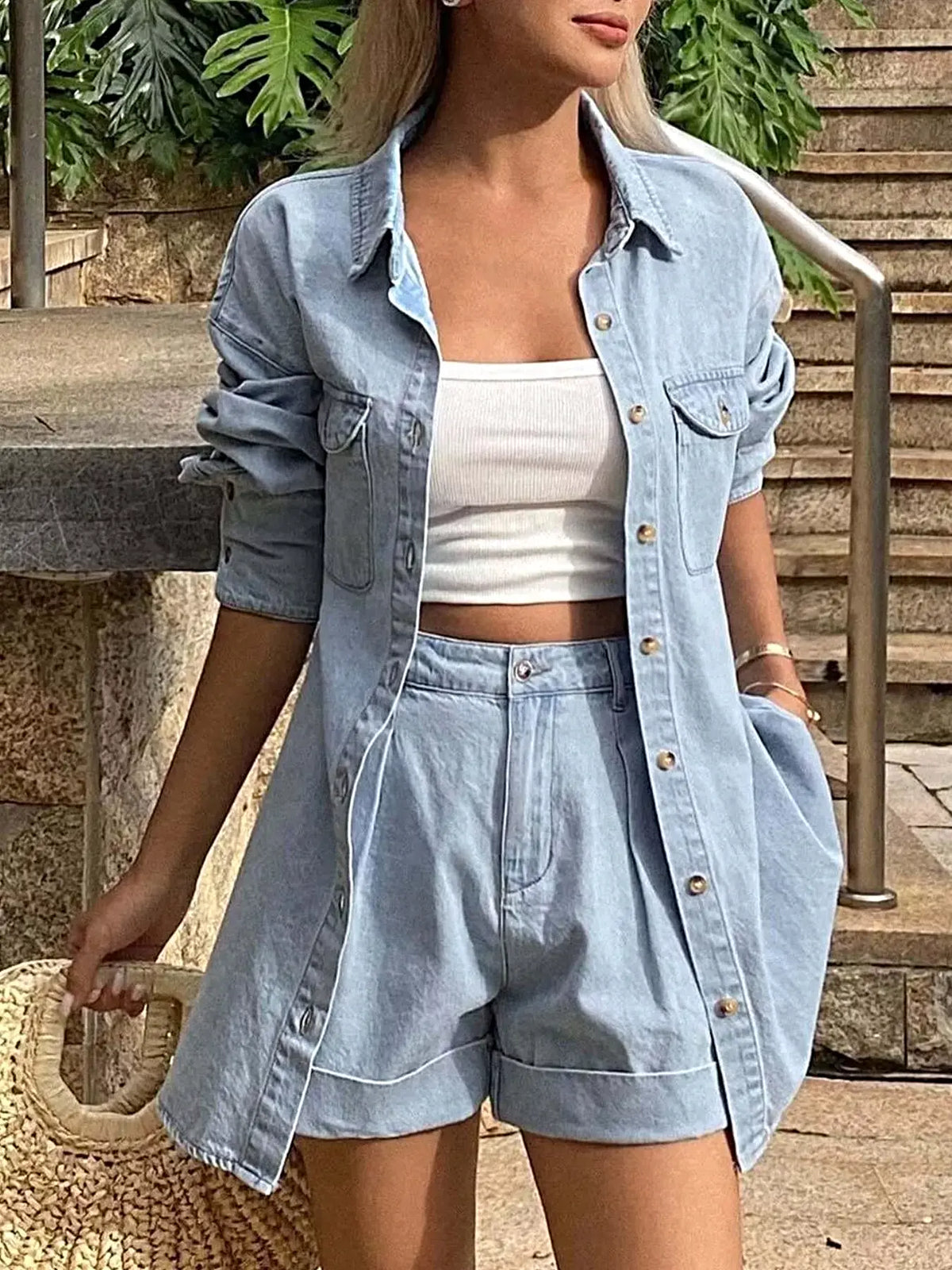 Button Up Long Sleeve Shirt and Shorts Denim Set -