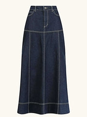 High Waisted Denim Skirt with Side Slit and Contrast Stitch - Chic Maxi Style -