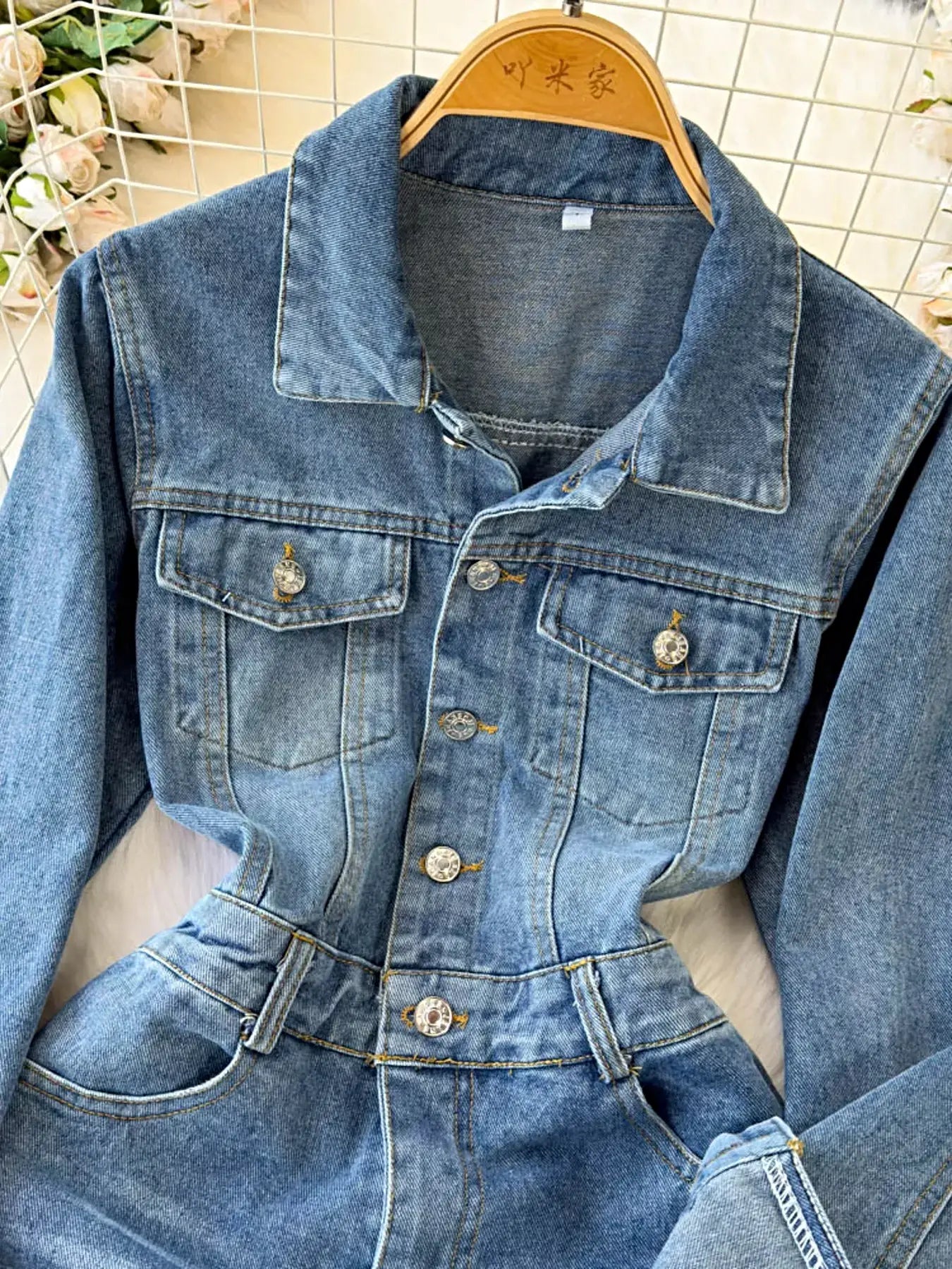 Button Front Wide Leg Denim Jumpsuit -