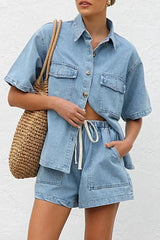 Collared Neck Button Up Top and Shorts Denim Set -