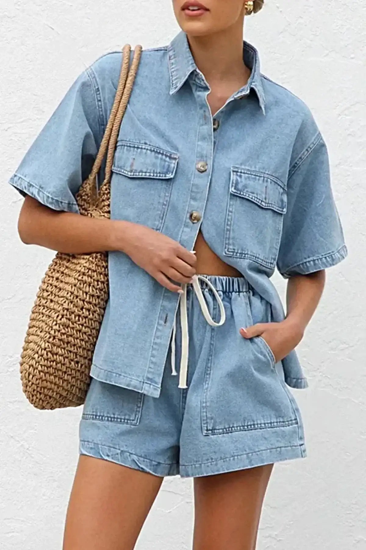 Collared Neck Button Up Top and Shorts Denim Set -