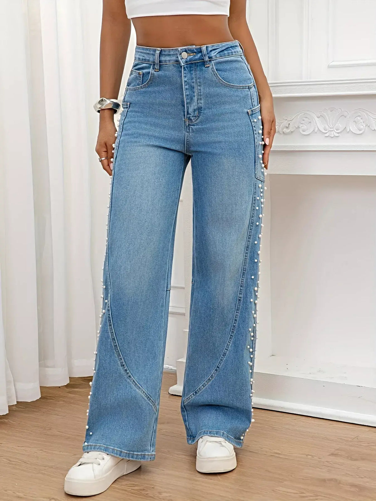 Pearl Embellished Wide Leg Jeans -