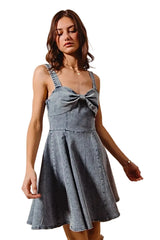 SO ME Mineral Washed Bow Ribbon Denim Flare Dress -