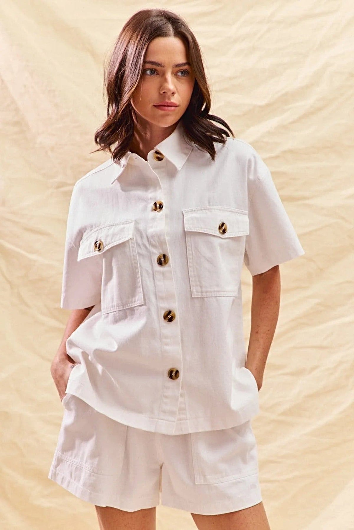 Chic Casual Spring Outfit: SO ME Button Down Denim Shirt and Shorts Set by Trendsi -