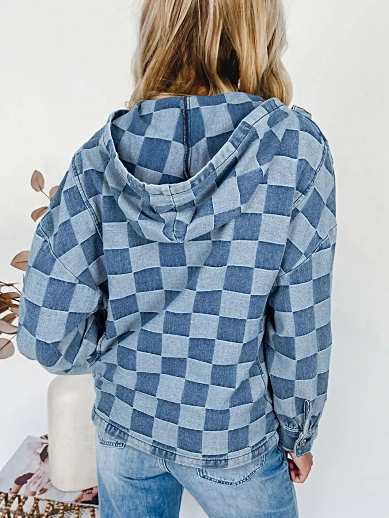 Checkered Half Zip Denim Hoodie Top -