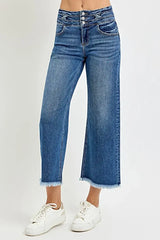 RISEN High Rise Crop Wide Leg Jeans with Wide Band Detail -