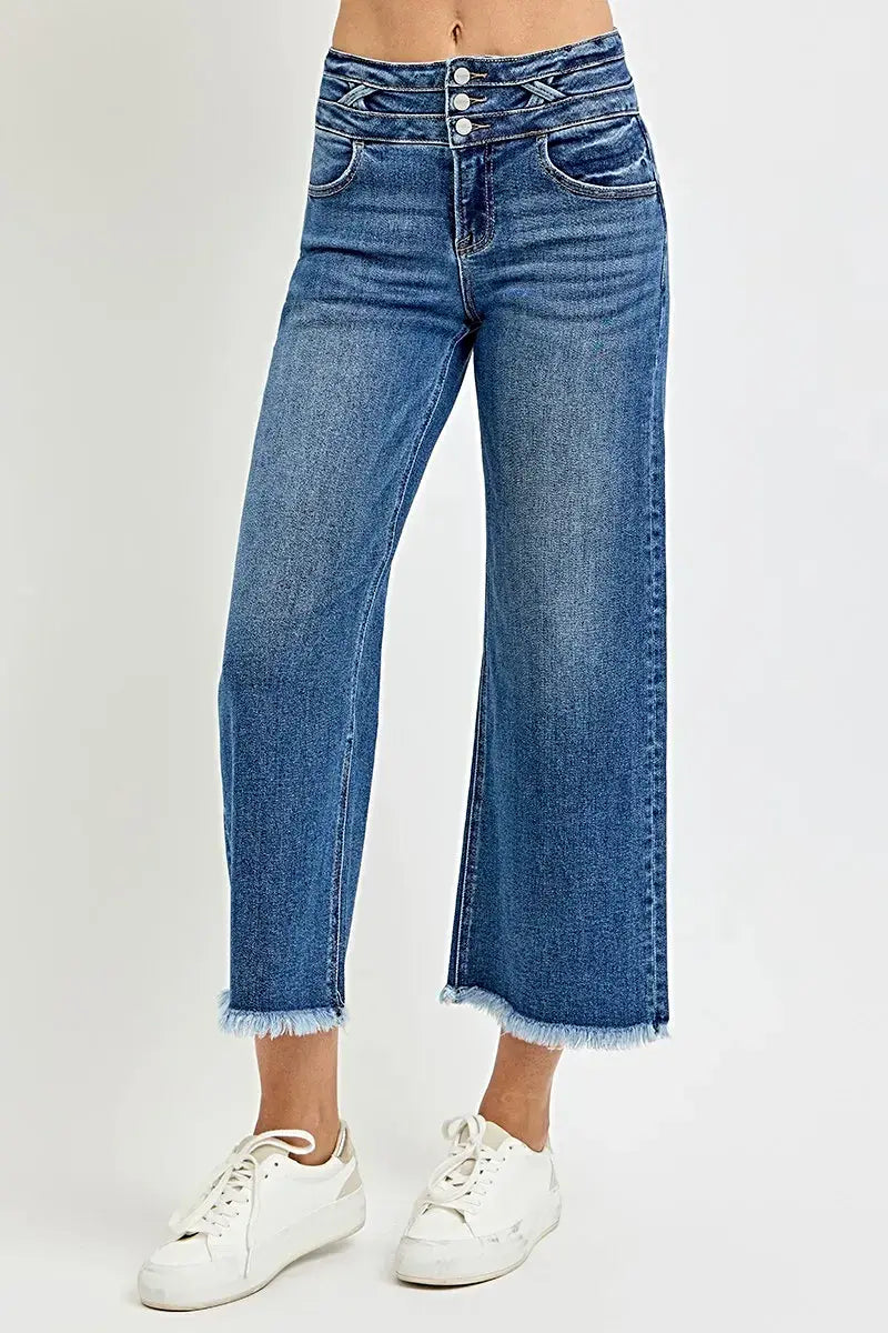 RISEN High Rise Crop Wide Leg Jeans with Wide Band Detail -