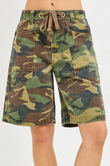 RISEN Camo Print Slouchy Jorts with Eyelet Drawstring -