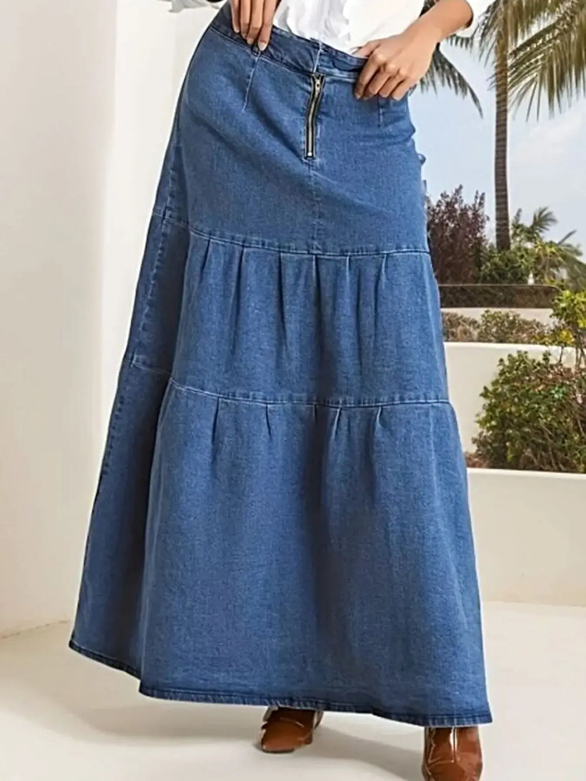 Tiered Maxi Denim Skirt with Zipper Detail -