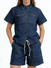 Button Up Short Sleeve Top and Shorts Denim Set -