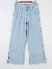 Studded Side Slit Leg Frayed Pocketed Wide Leg Jeans -