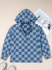 Checkered Half Zip Denim Hoodie Top -