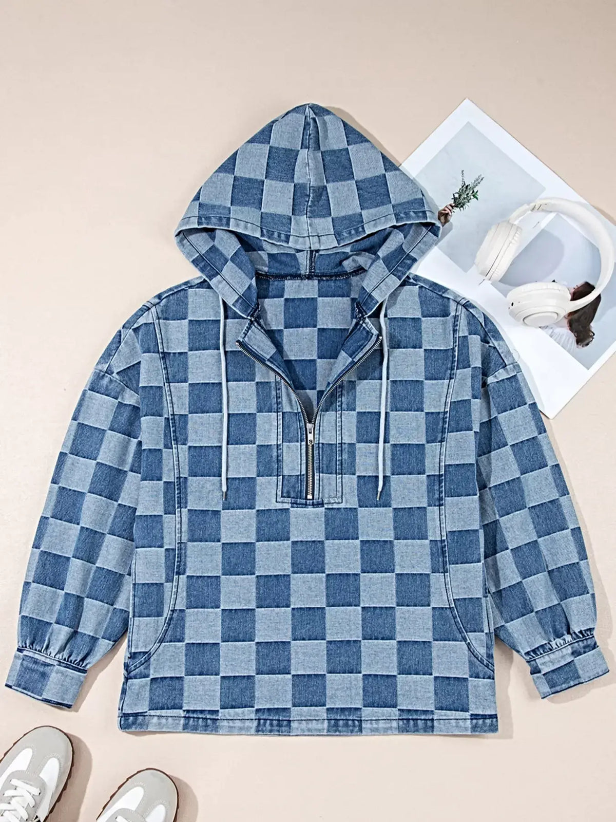 Checkered Half Zip Denim Hoodie Top -