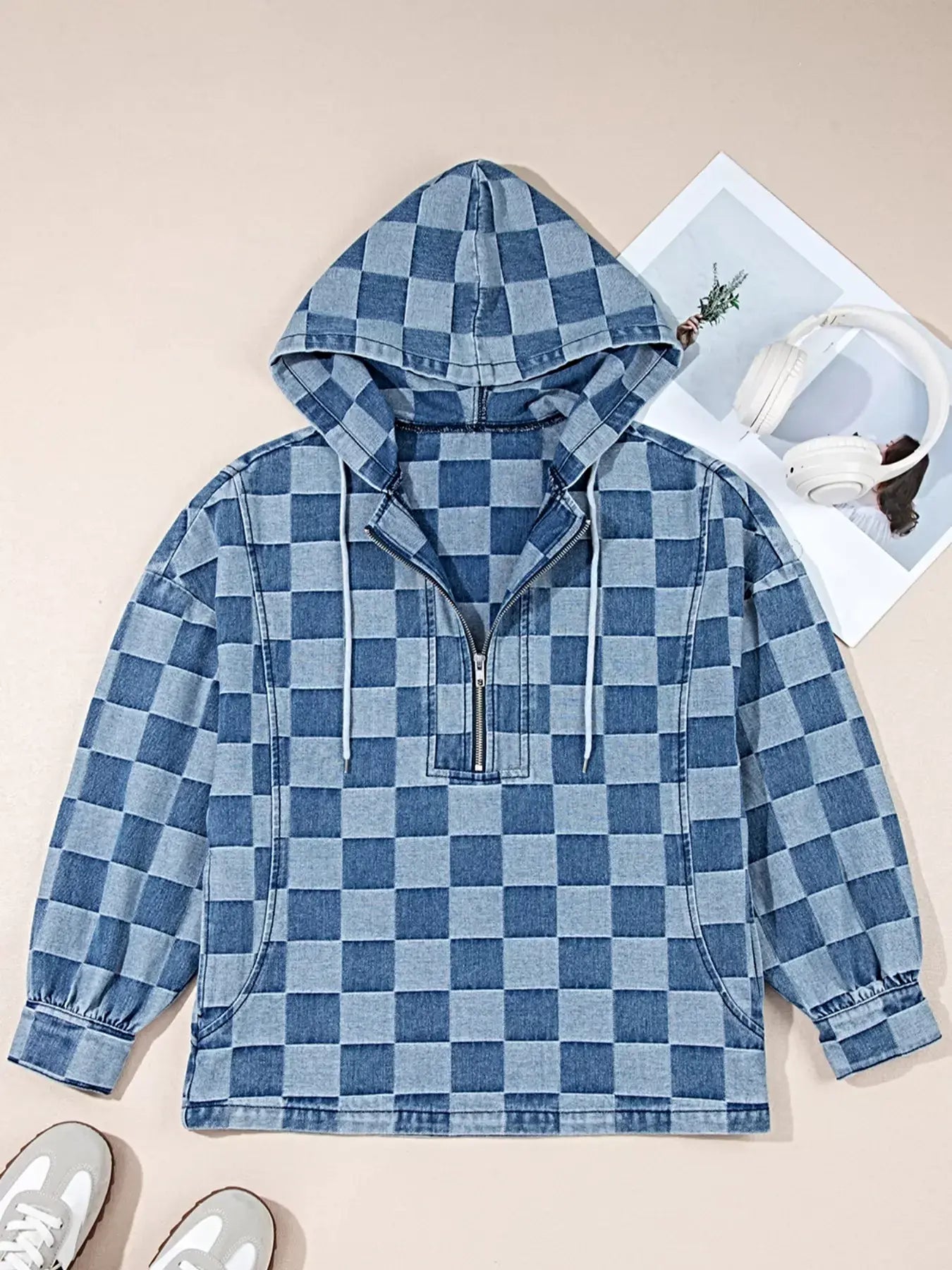 Checkered Half Zip Denim Hoodie Top -
