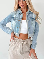 Distressed Zip Up Cropped Hooded Denim Jacket -