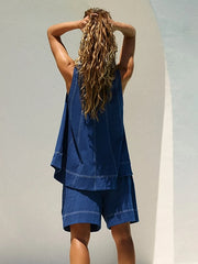 Casual Contrast Stitch Denim Tank Top and Shorts Set -