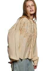 POL Embroidery Button Down Long Sleeve Washed Shirt -
