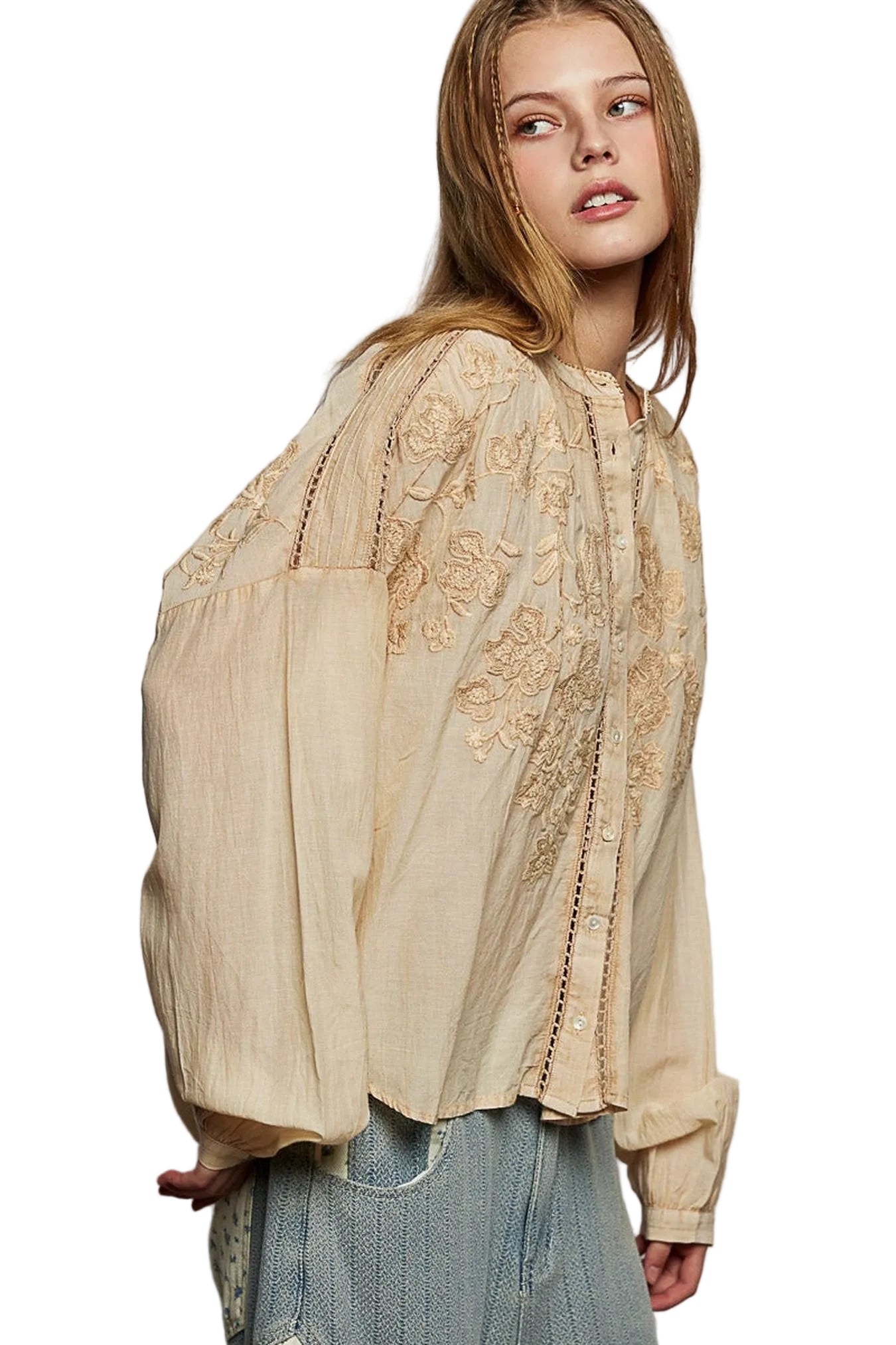 POL Embroidery Button Down Long Sleeve Washed Shirt -