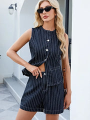 Round Neck Striped Top and Shorts Denim Set -