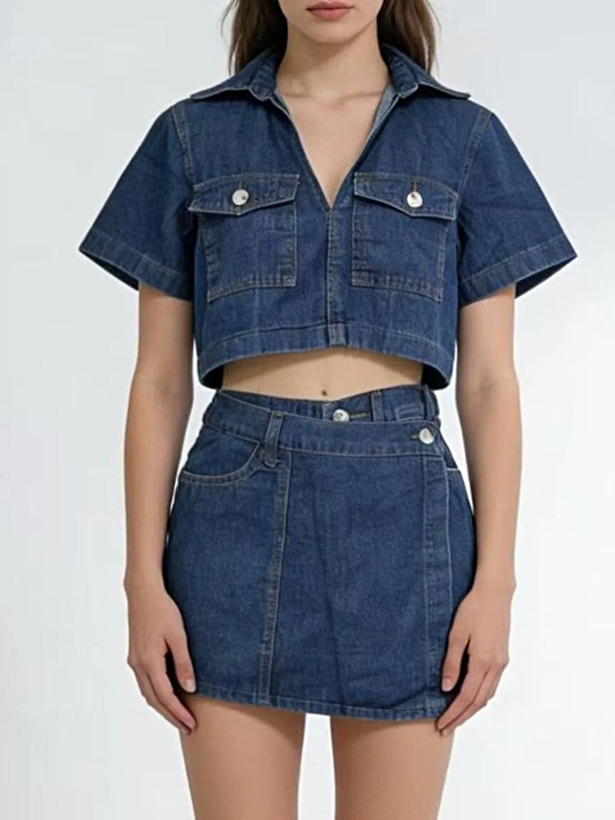 Short Sleeve Cropped Top and Skort Denim Set -