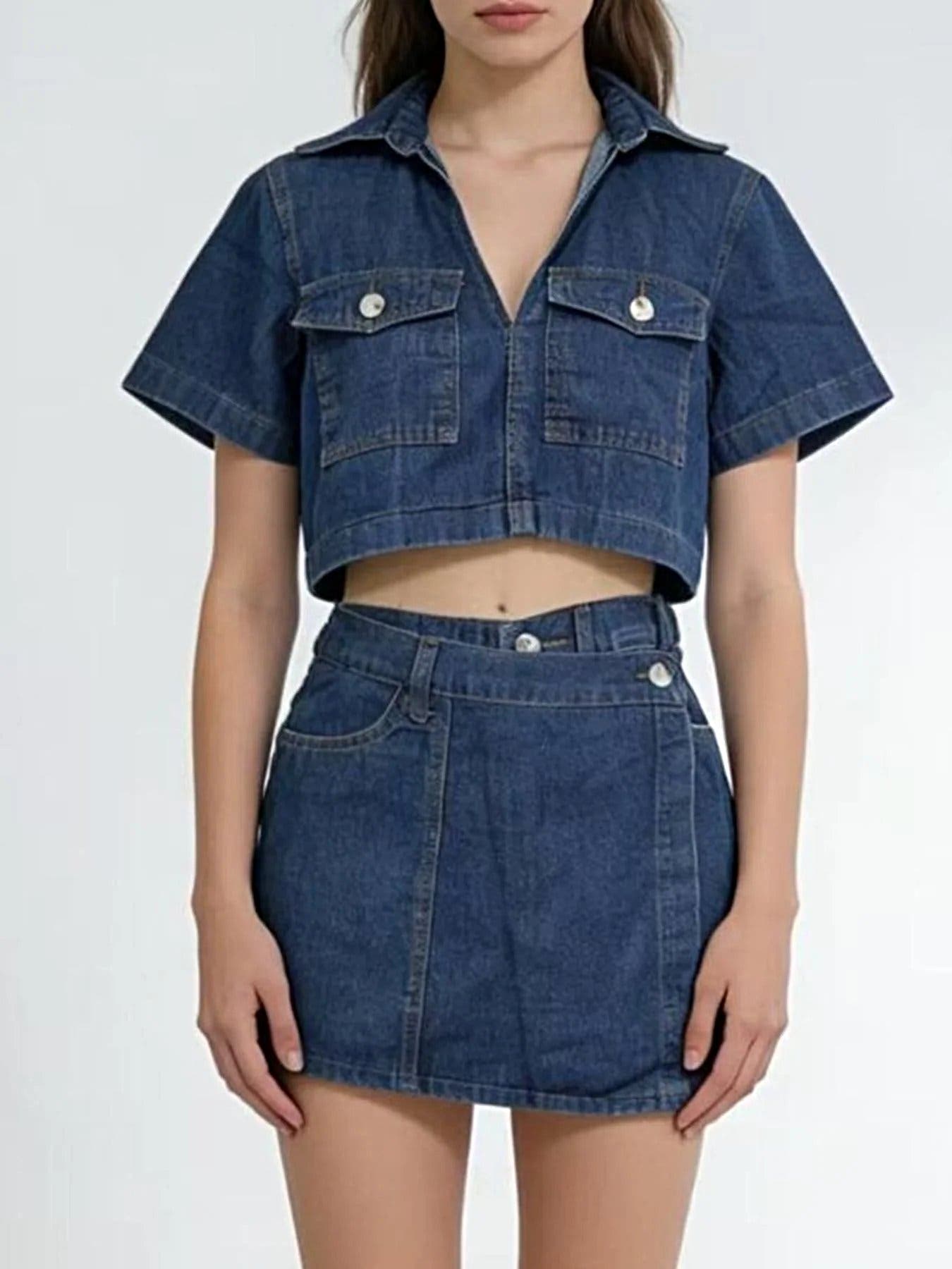 Short Sleeve Cropped Top and Skort Denim Set -