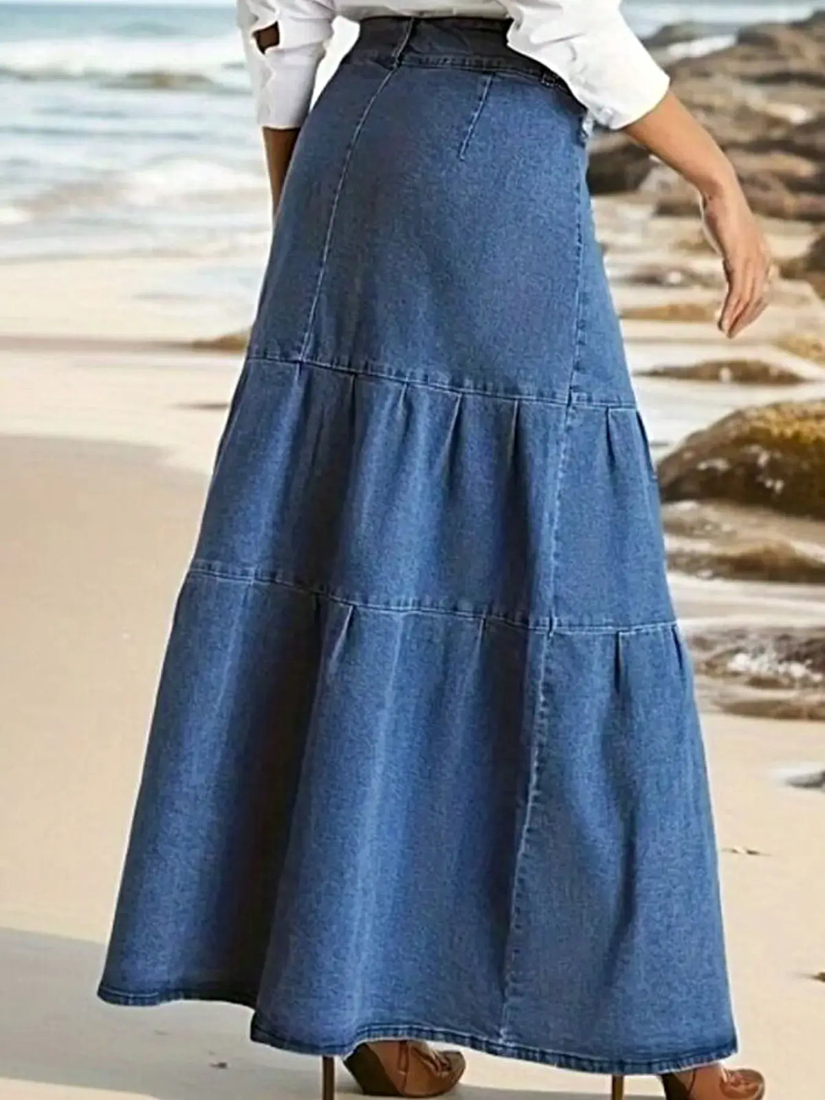 Tiered Maxi Denim Skirt with Zipper Detail -