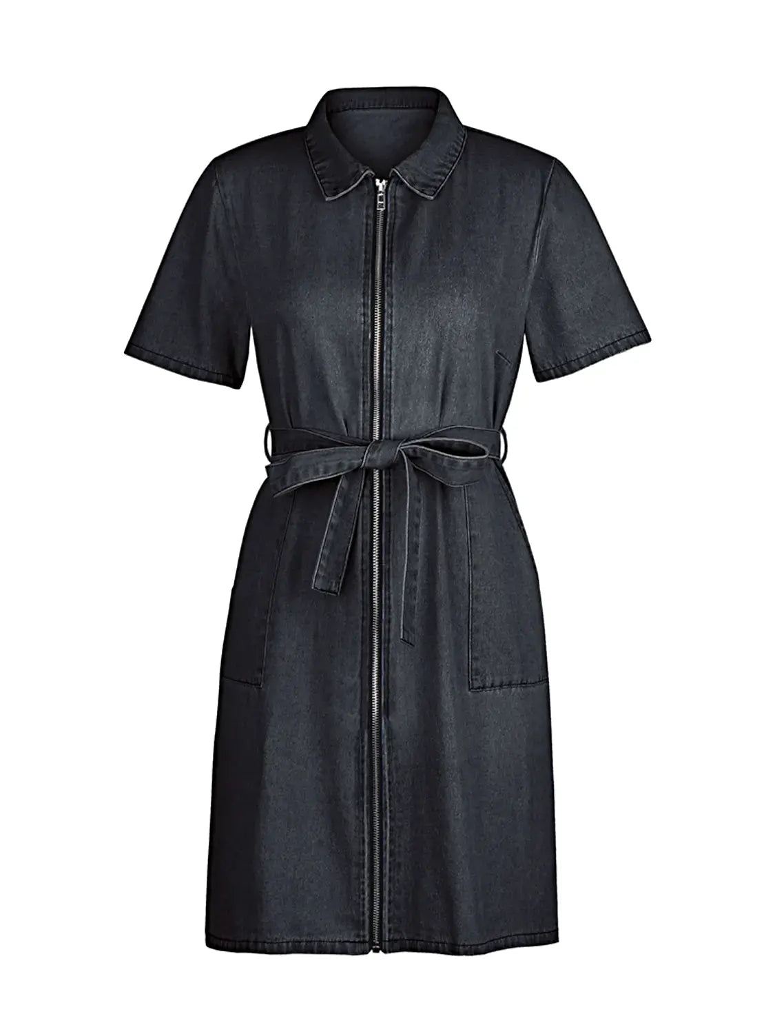 Full Size Zip Front Short Sleeve Denim Dress Plus Size -