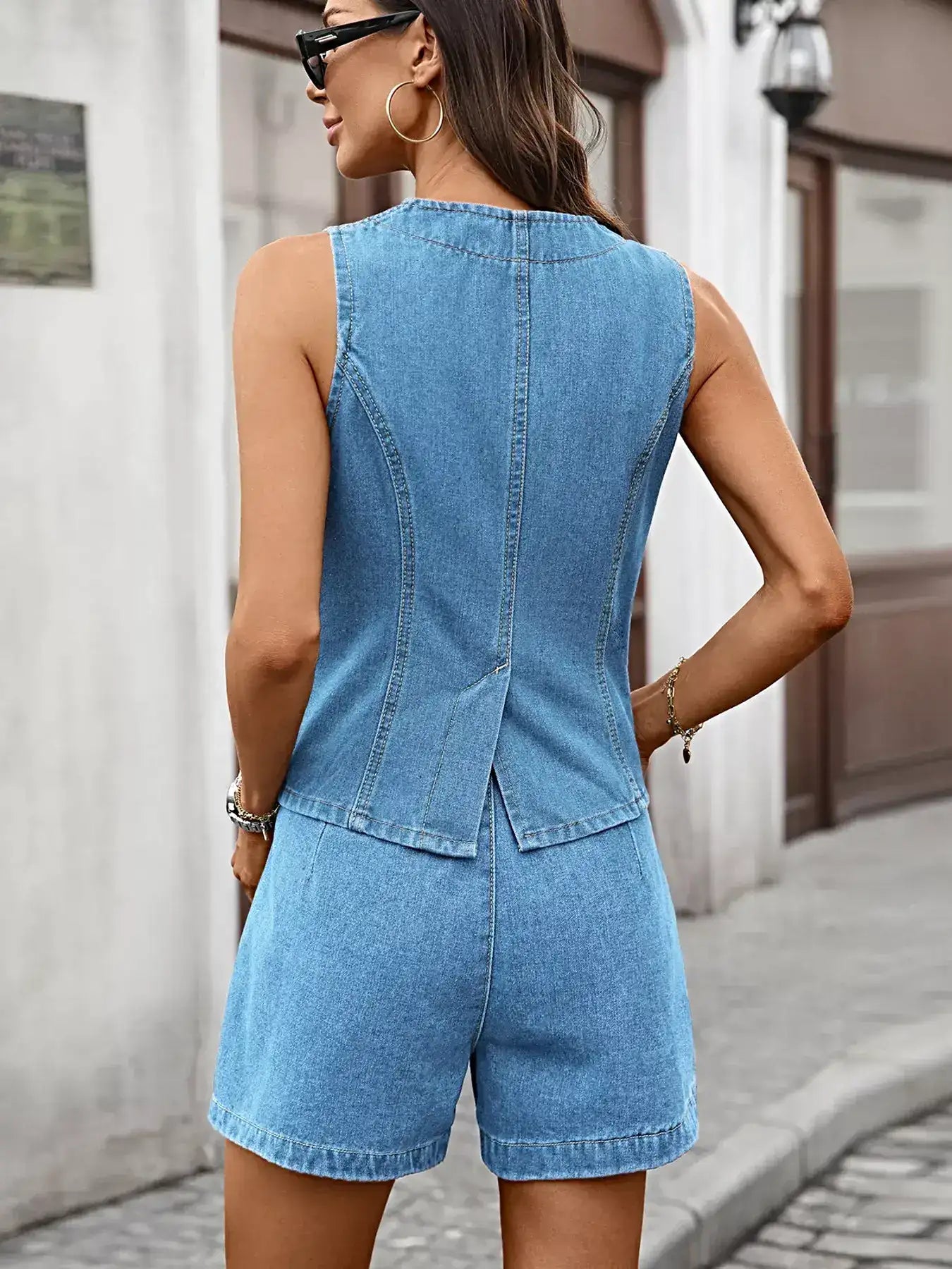 Sleeveless Button-Down Denim Vest & Shorts Set -