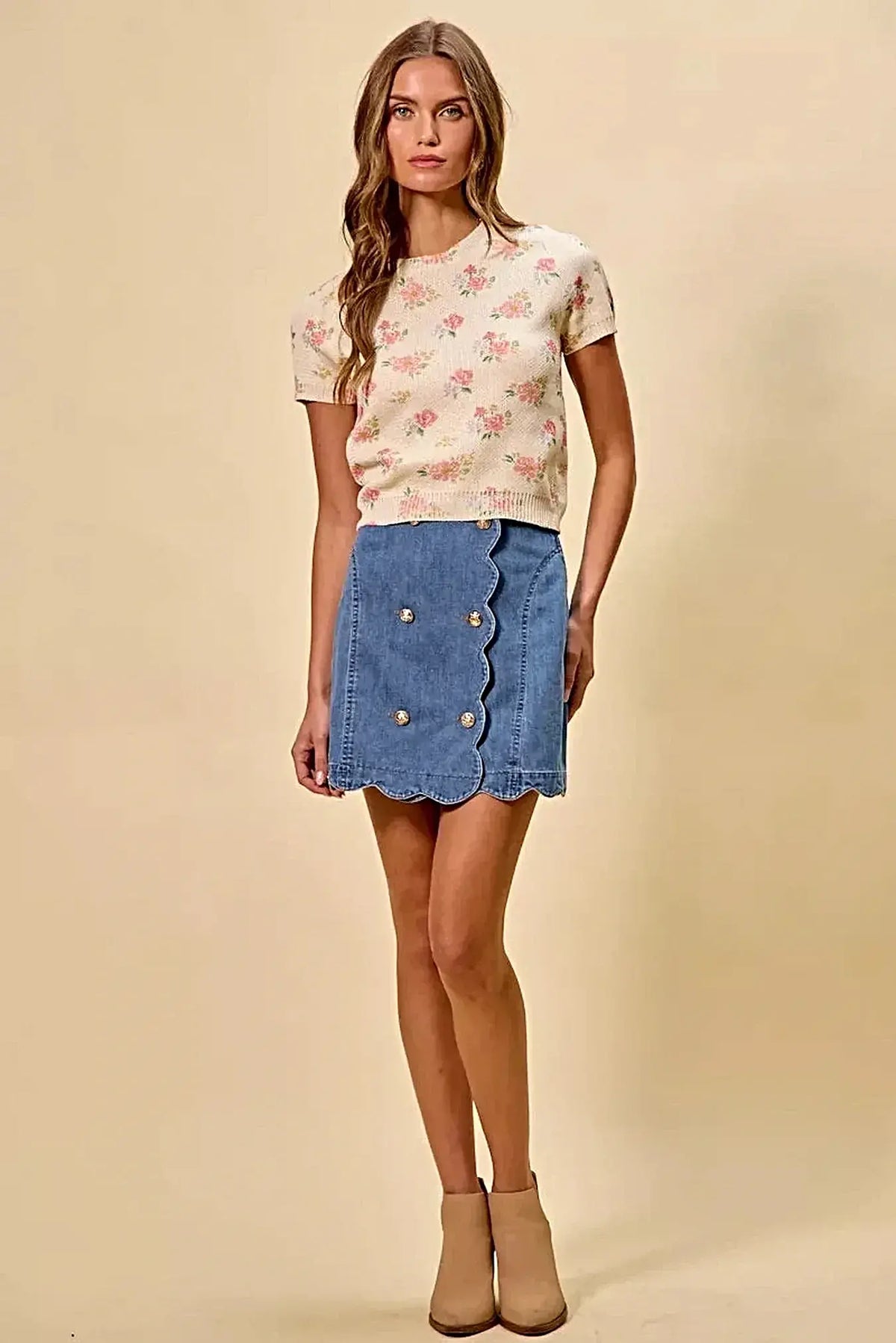 SO ME Denim Scalloped Buttoned Front Skirt -