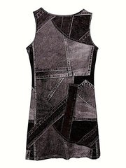Patchwork Denim Dress - Scoop Neck Sleeveless Midi with Pockets - Versatile and Stylish -